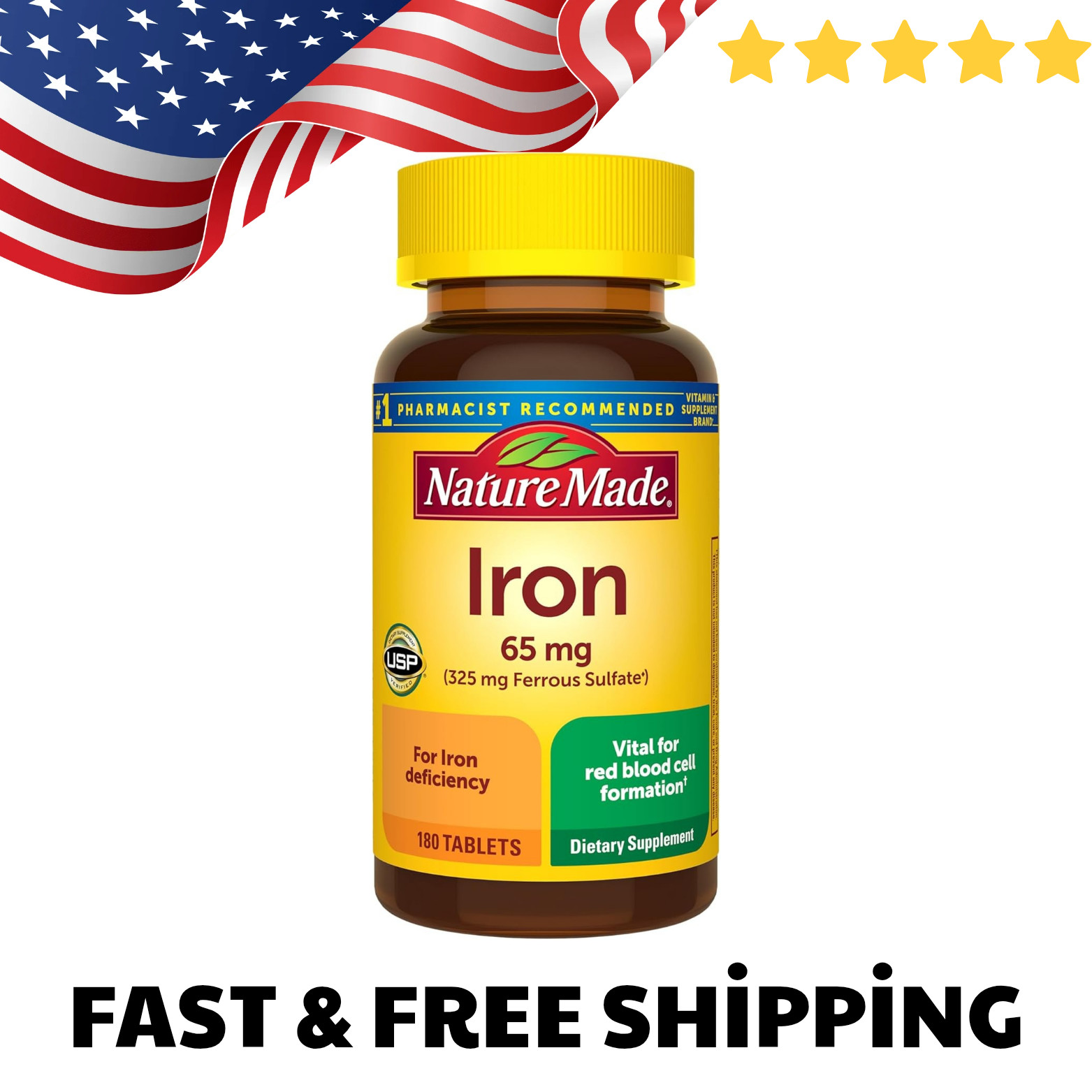 Nature Made Iron 65 mg (325 mg Ferrous Sulfate) 180 Tablets Dietary Supplement