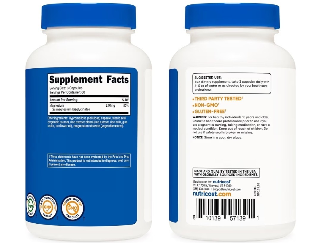 Nutricost Magnesium Glycinate (Bisglycinate) 210mg 180 Capsules Non-GMO