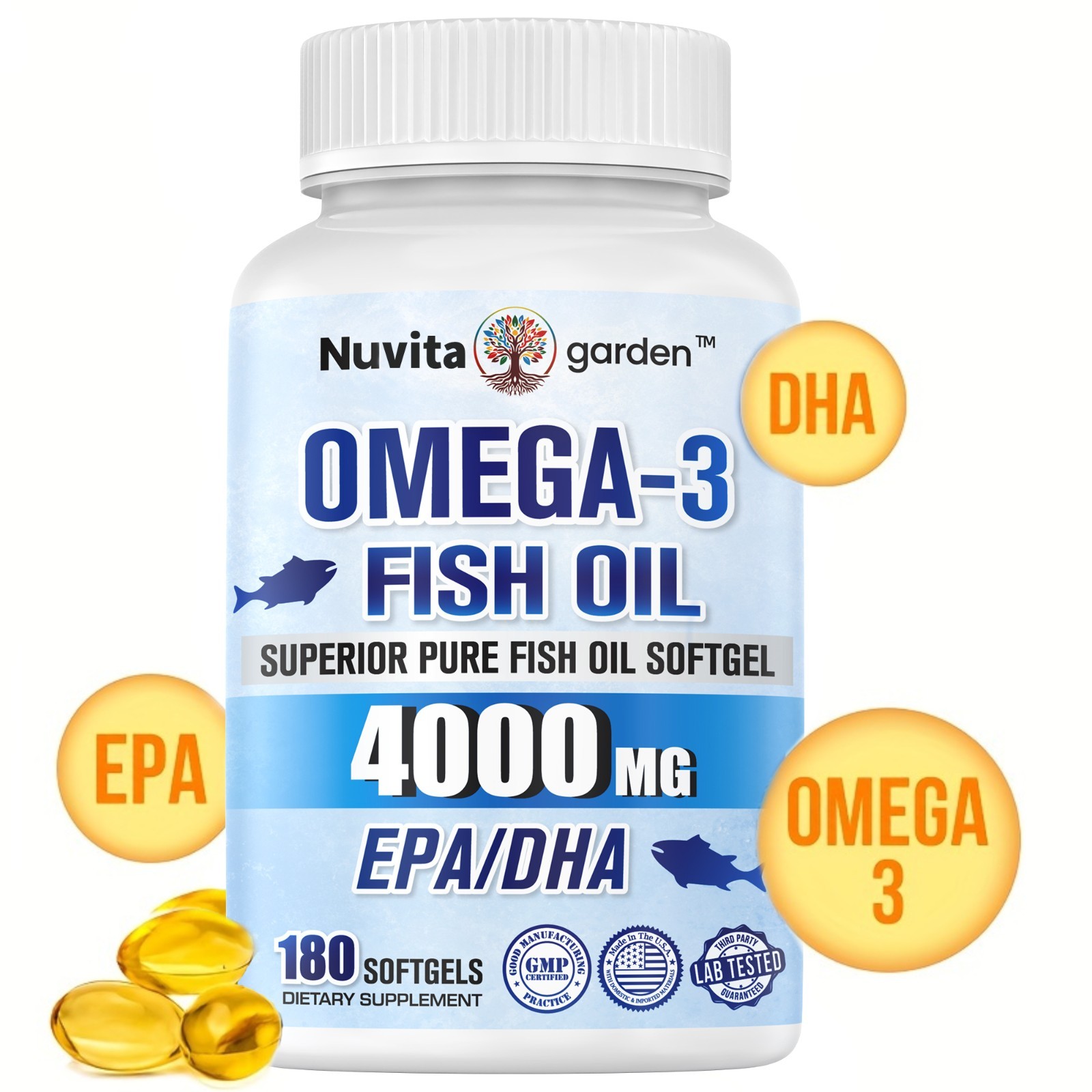 Omega 3 Fish Oil – 4000MG, 180 Softgels (40 Serv) – Non-GMO, Gluten Free