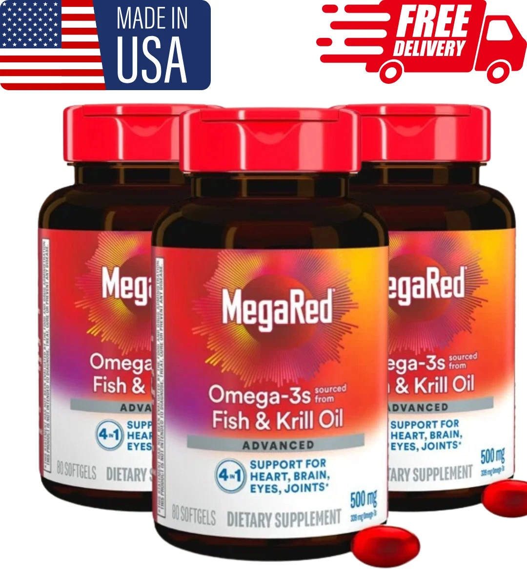 pack of 3 MegaRed Advanced Omega-3 500mg – 80 Softgels – Heart & Joint Support