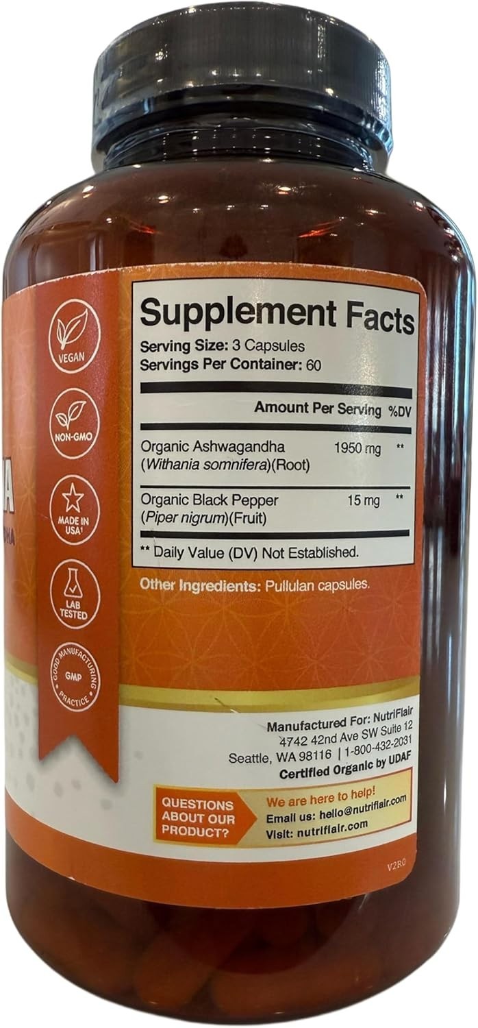 Certified Organic Ashwagandha with Black Pepper – 180 Capsules for Stress Relief