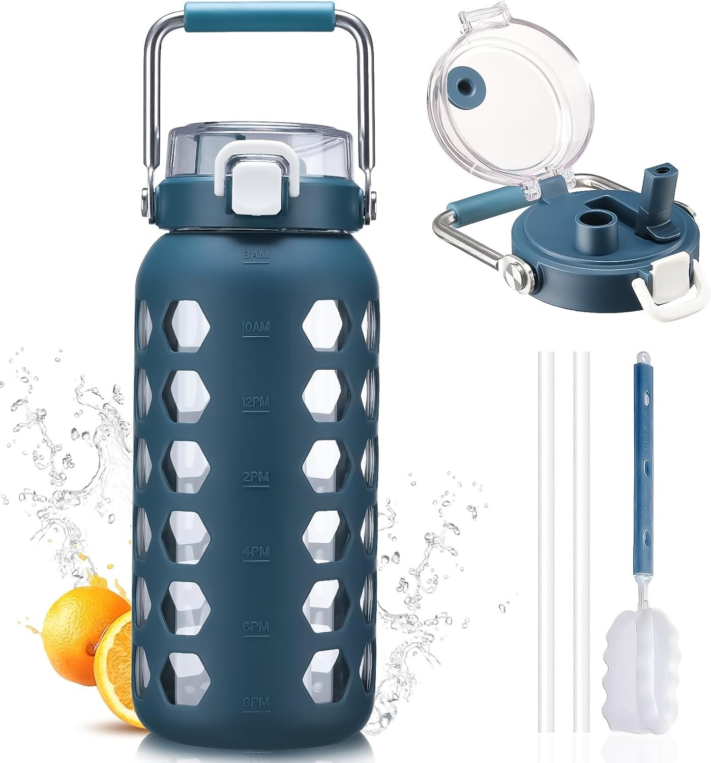 MUKOKO 64oz Glass Water Bottles with Straw and Lid,Half 64 Ounces, Blue