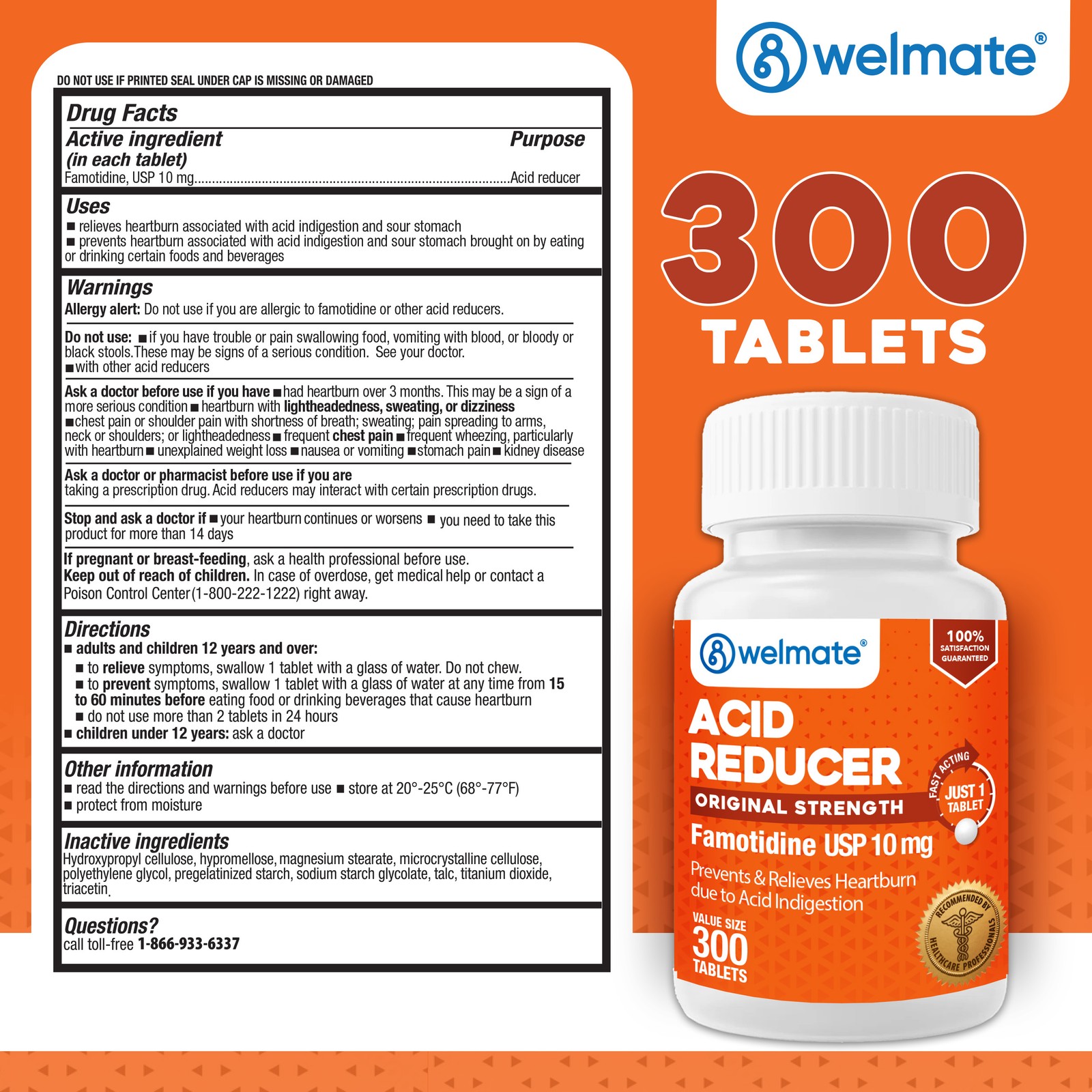 WELMATE Famotidine 10 mg Acid Reducer – Heartburn Relief – 300 Count Tablets