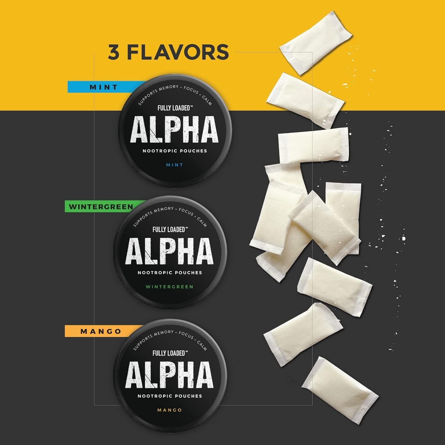 Fully Loaded Alpha Nootropic Pouches Mint – 5 Cans – 15 Pouches per can – Eff…