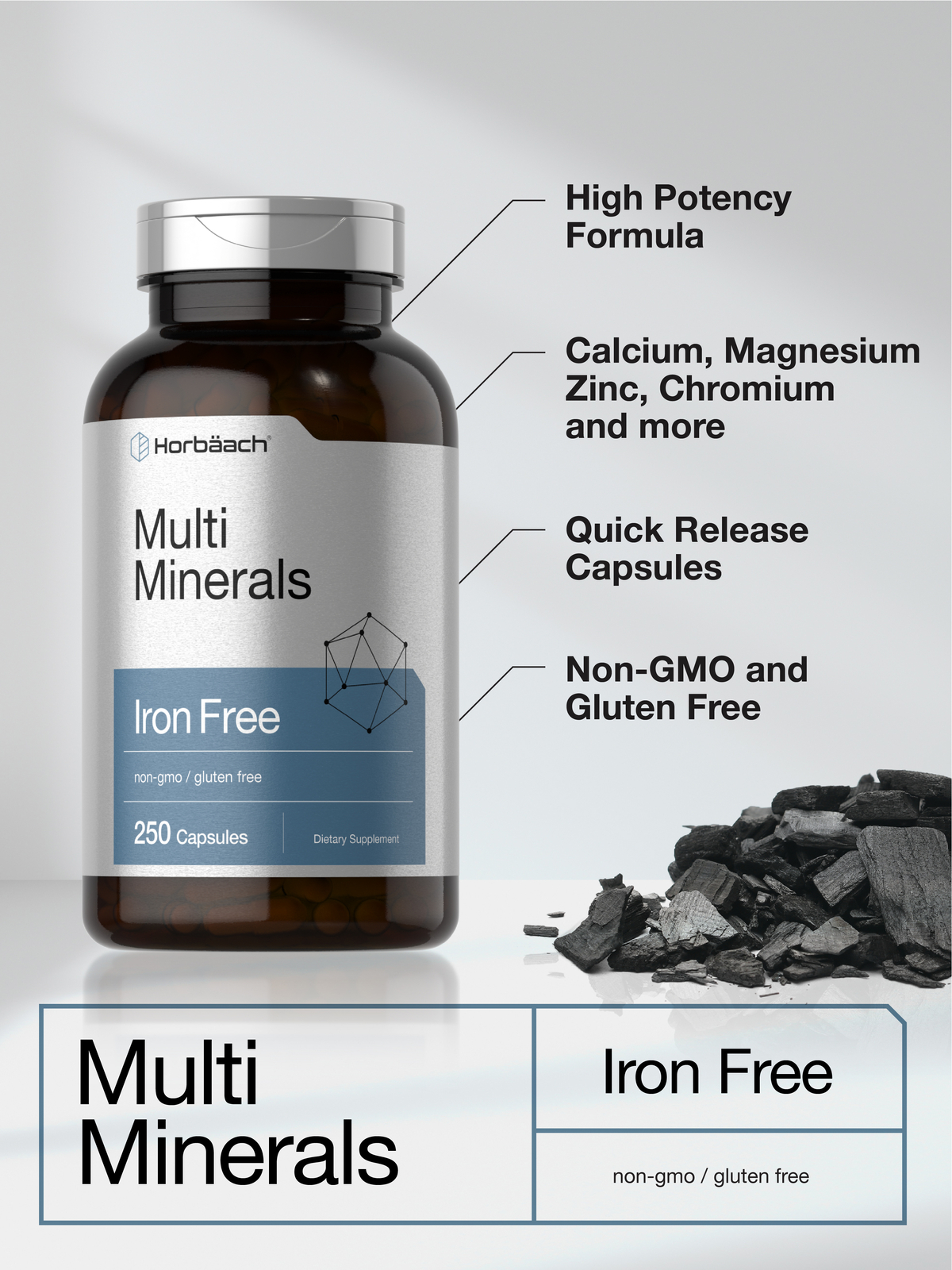 Multi Mineral Supplement | 250 Capsules | Iron Free | Non-GMO | by Horbaach