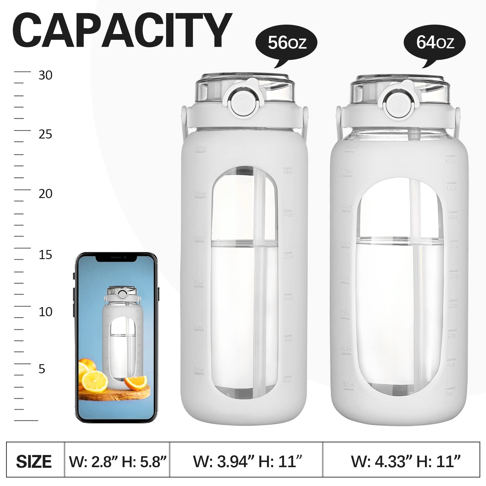 BLUEGO 64oz Glass Water Bottles with Straw Time Marker 60.9 Ounces, White
