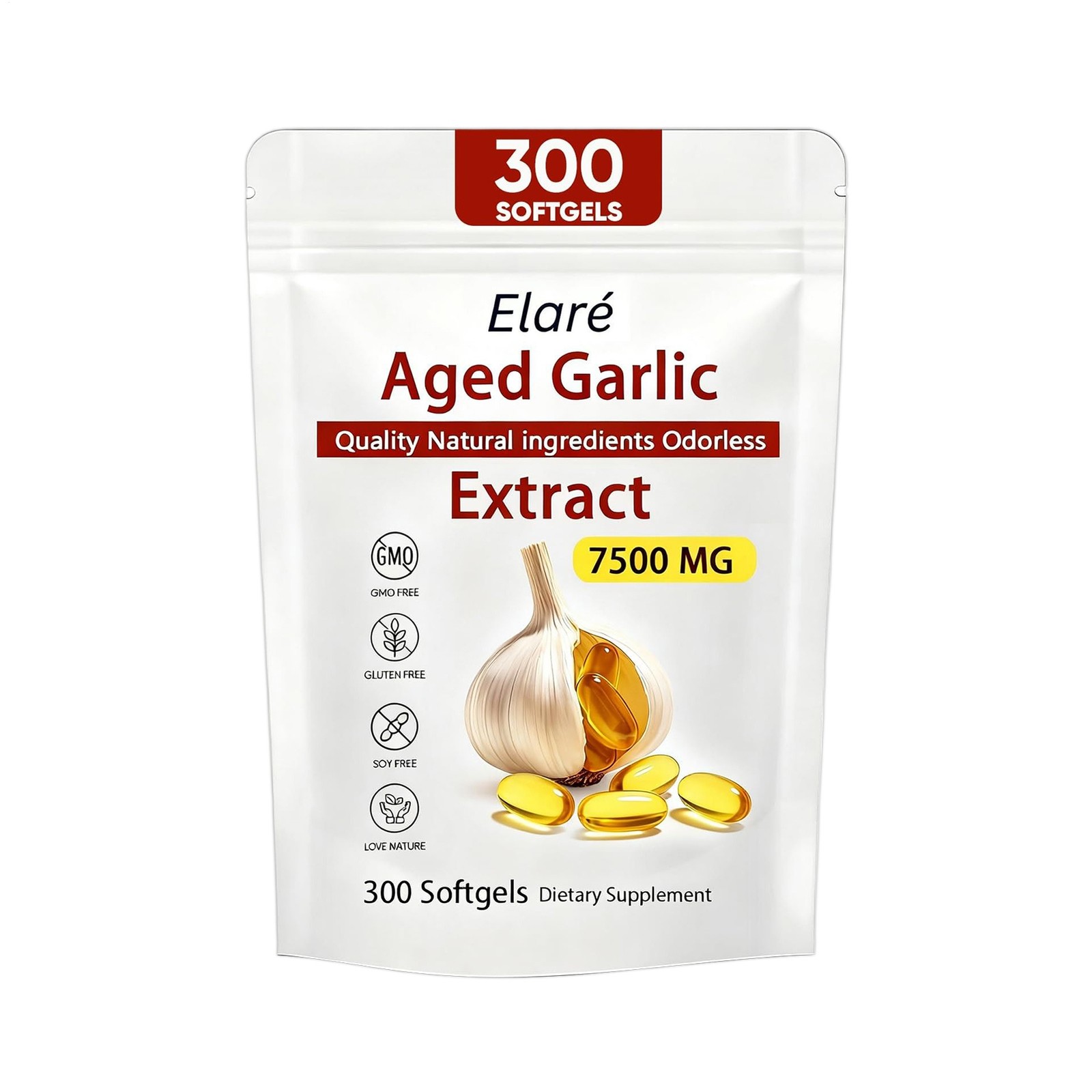 1X Elare Aged Garlic Extract, 300 Softgels, 7500mg Odorless | Heart & Immune