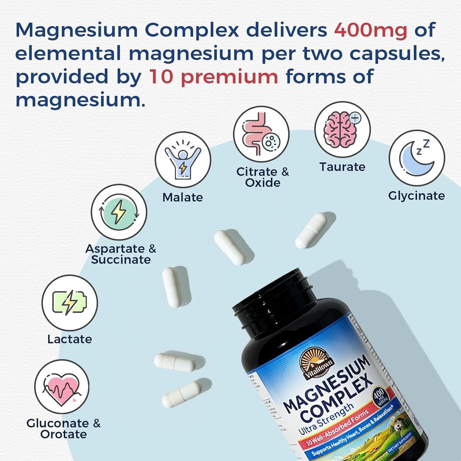 “Vitalitown 10 in 1 Magnesium Complex Supplement – 400mg 90 Count (Pack of 1) “