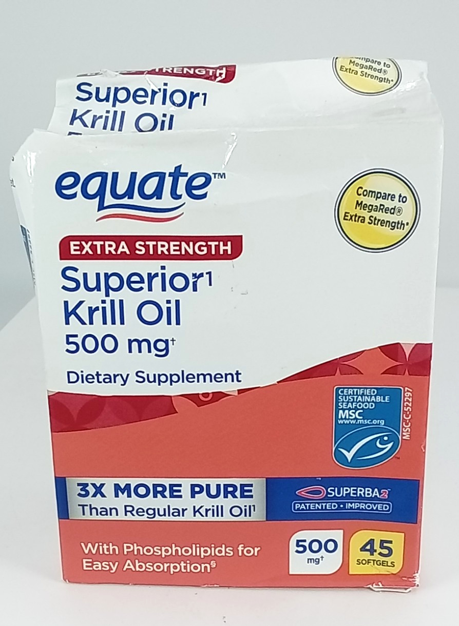Equate Omega-3 Krill Oil 500 mg, 45 ct, Extra Strength Softgels. BEST BY 08/2026