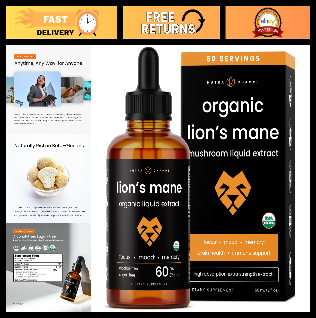 Organic Lion’s Mane Tincture – Alcohol-Free Liquid Extract for Memory & Focus –