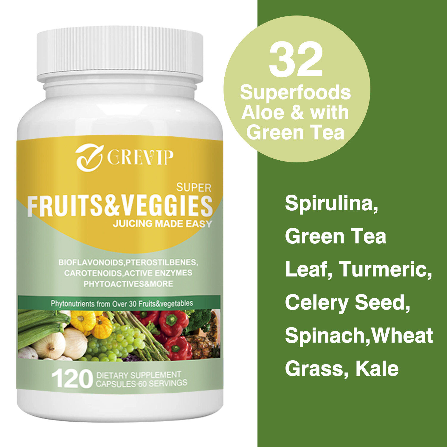 120pcs Fruits & Veggies – Organic Super Greens, Promote Energy, Digestive Health