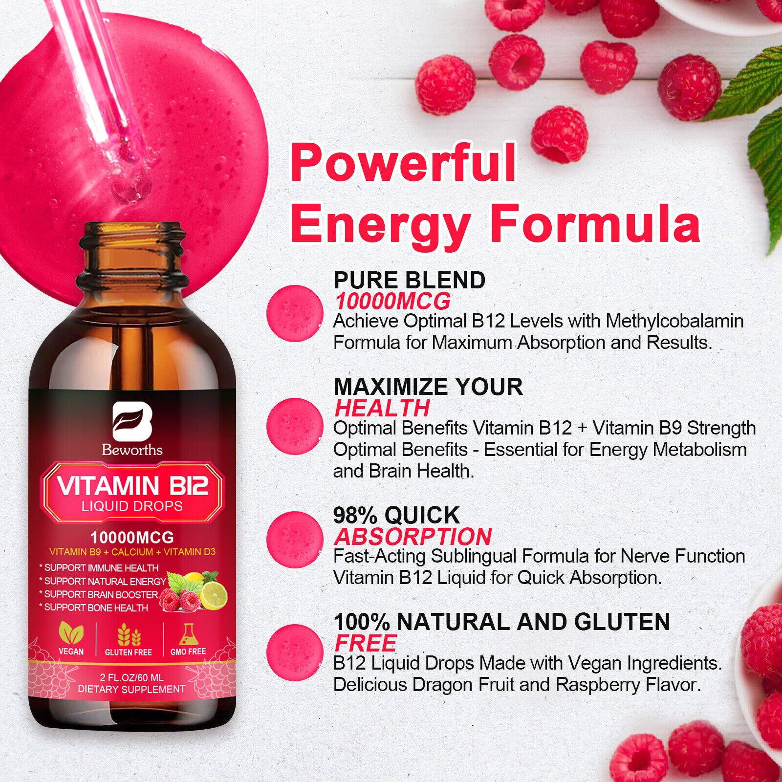 Vitamin B Complex Vegan Liquid Drops B9, B12 & Vitamin D3 for Men and Women
