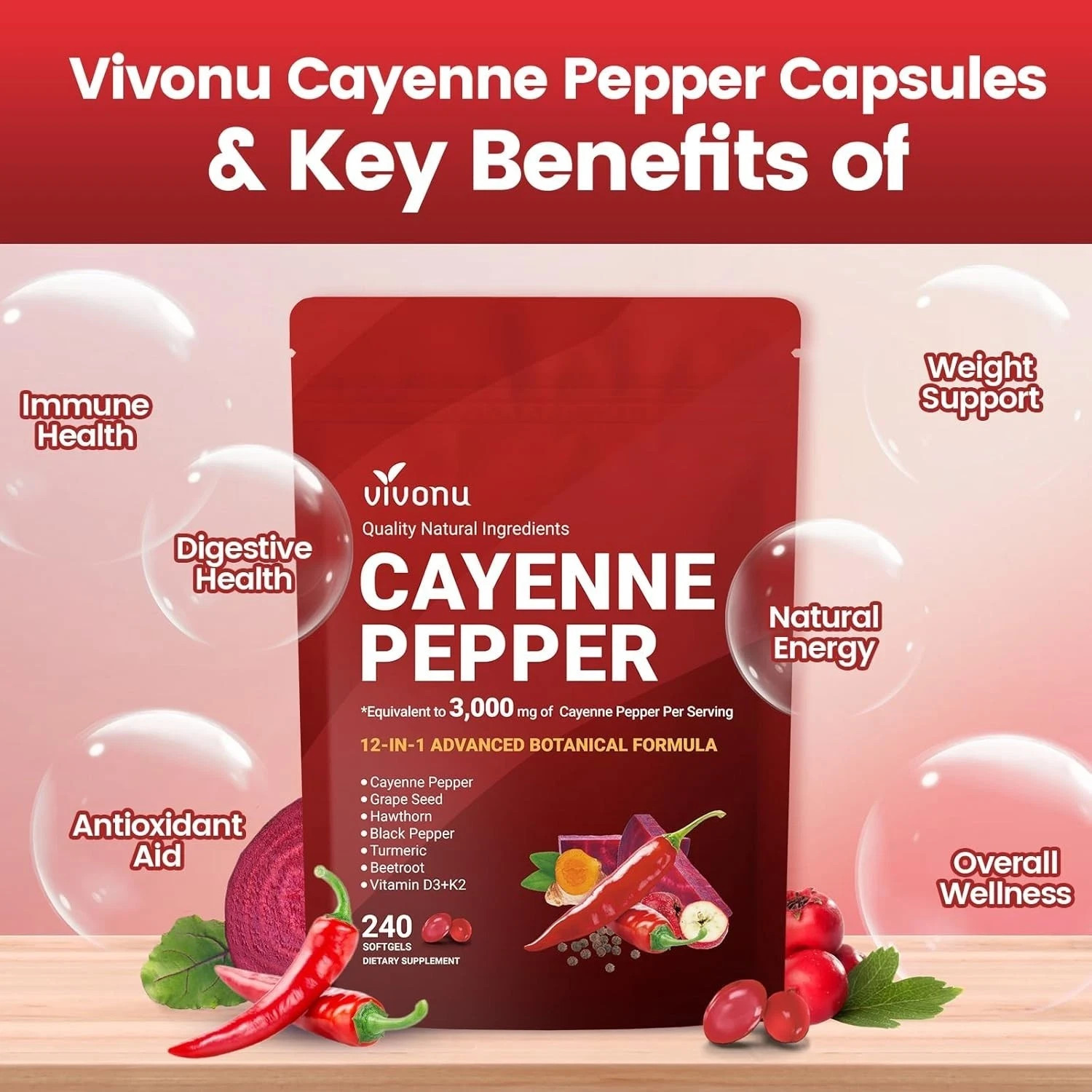 VivoNu Cayenne Pepper 240 Softgels Dietary Supplement suitable for Vitality Supp