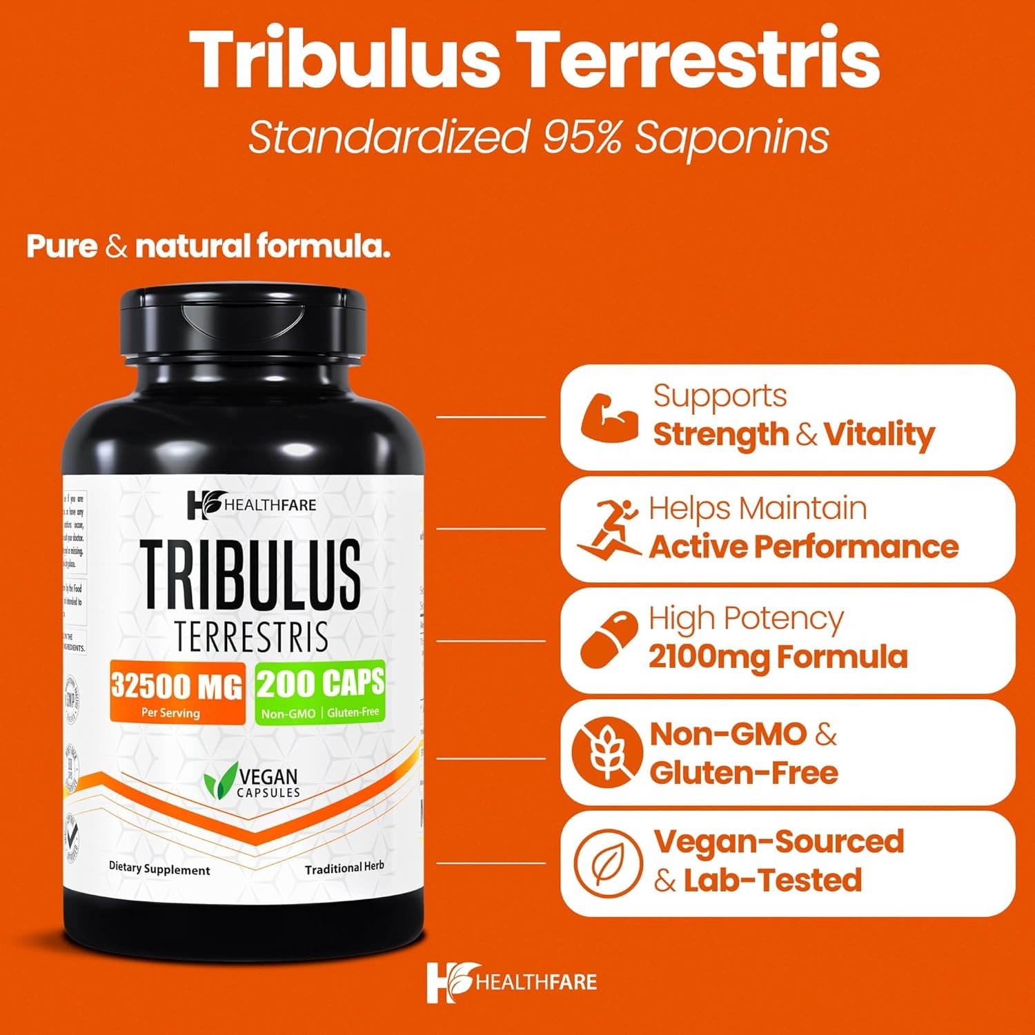 Healthfare Tribulus Terrestris 32,500mg 200 Caps High Potency Herbal Supplements