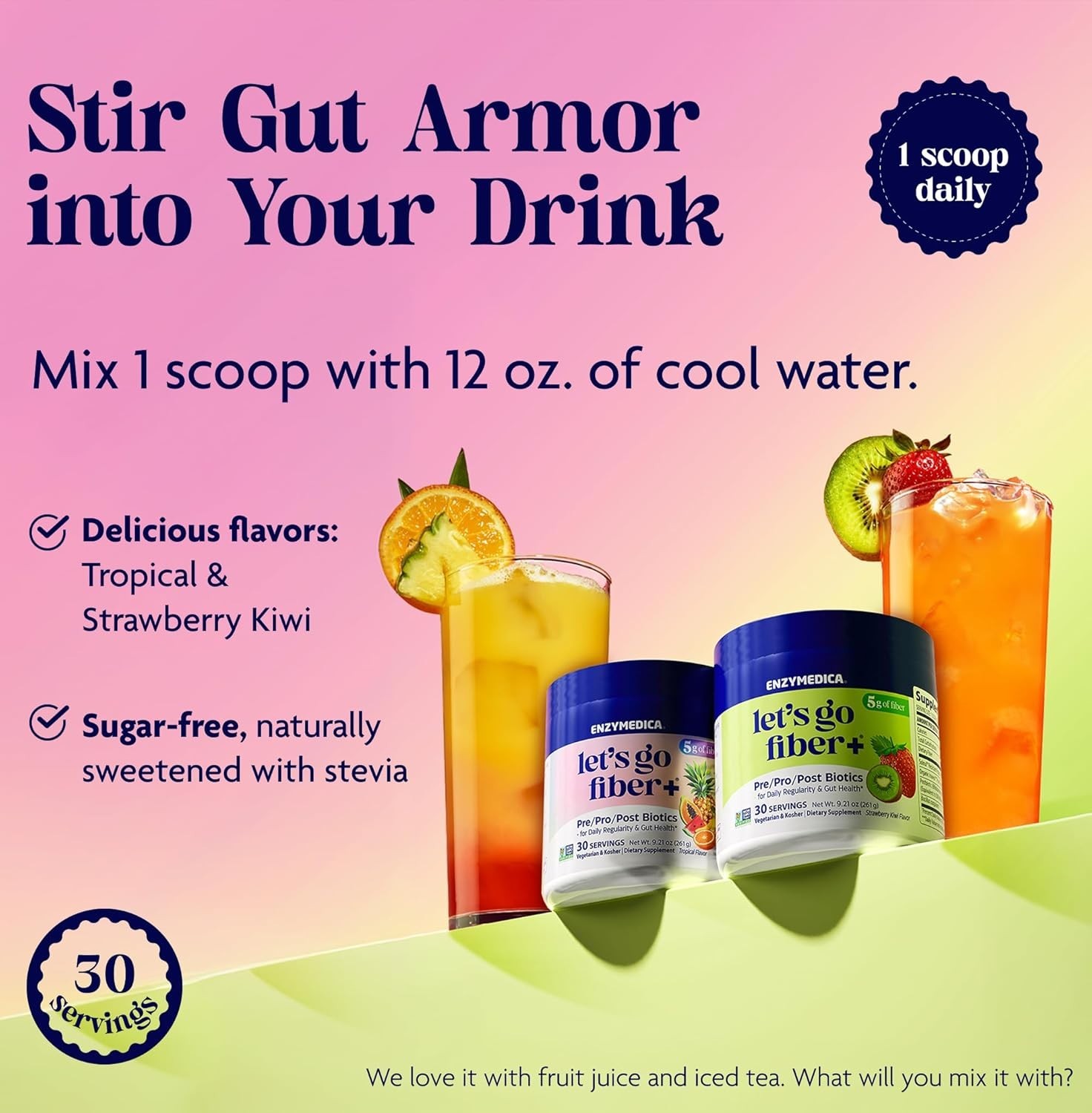 Enzymedica, Let’s Go Fiber+ Tropical Flavor, Prebiotics & Probiotics – 9.21 oz.