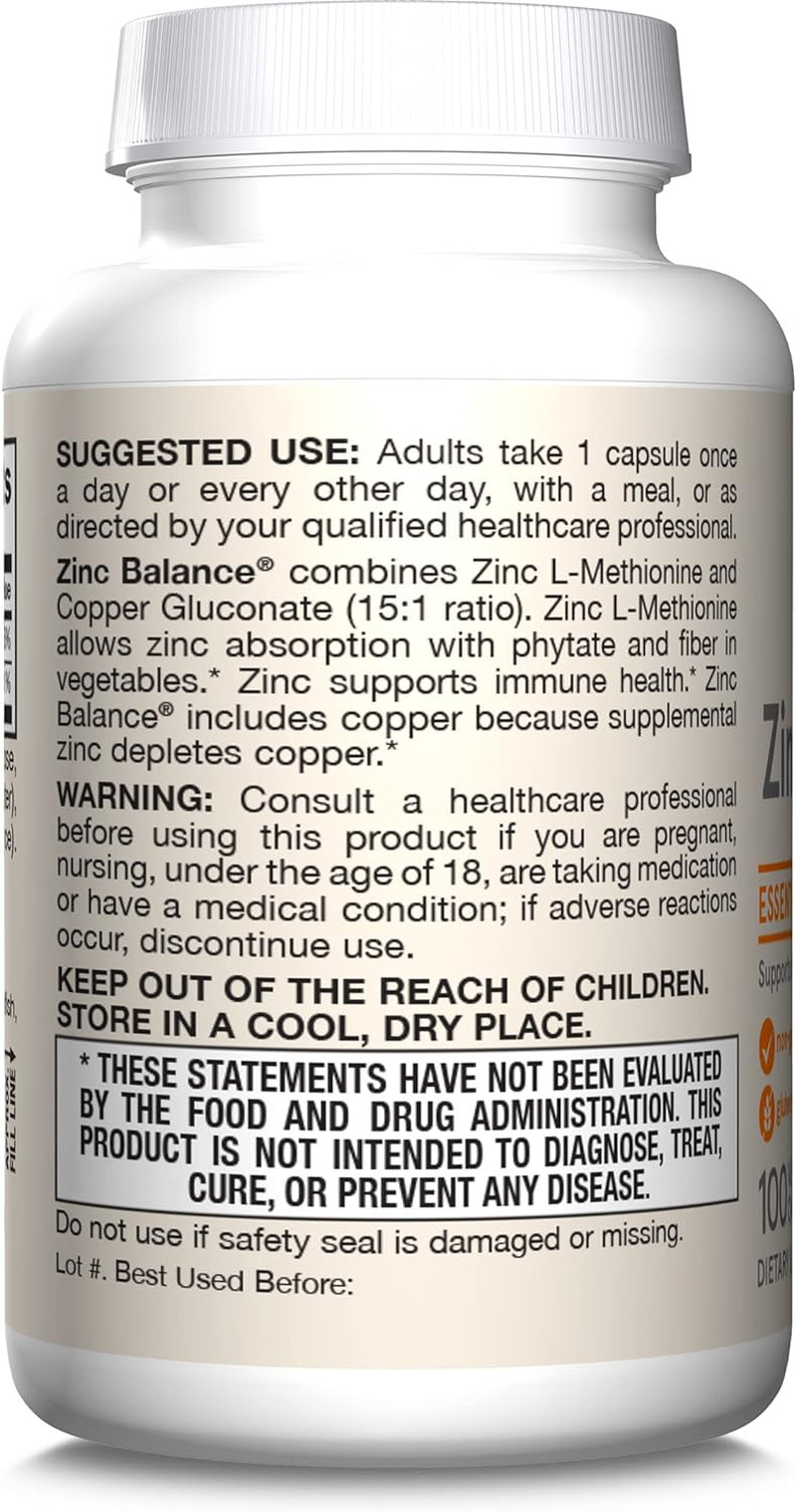 Zinc Balance 15 Mg – 100 Servings (Veggie Caps) – Zinc with Copper – Essentia…