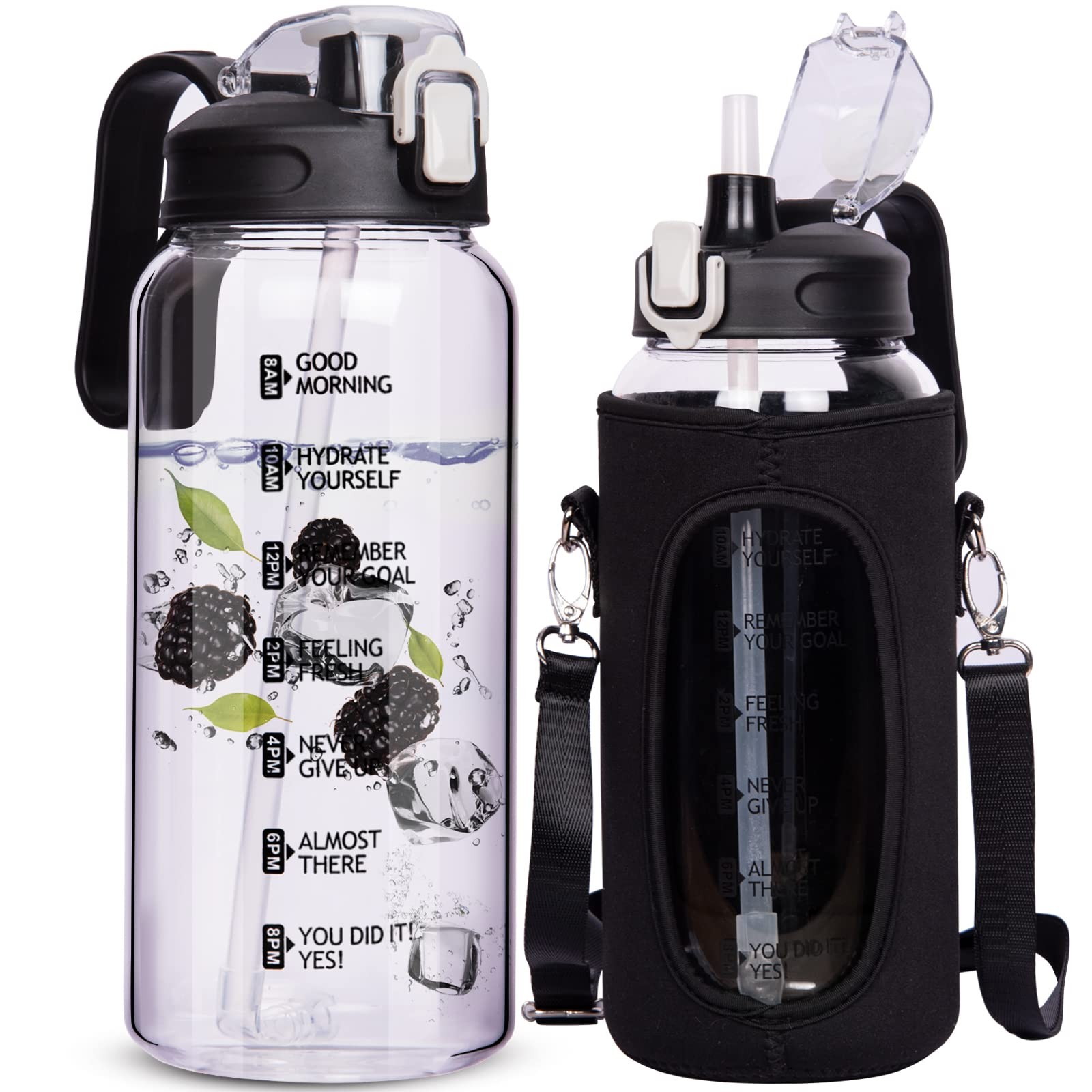 DEARRAY 64 oz Motivational Glass Water Bottle with 64 Ounces, Deep Black