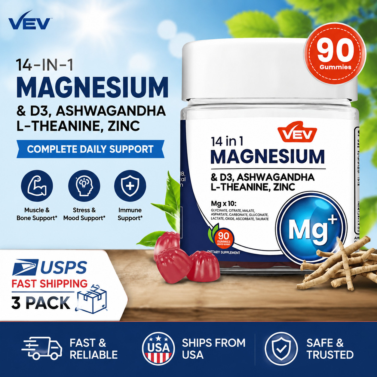 VEV 14-in-1 Magnesium Gummies – Including Ashwagandha, L-Theanine, Vitamin D3 &