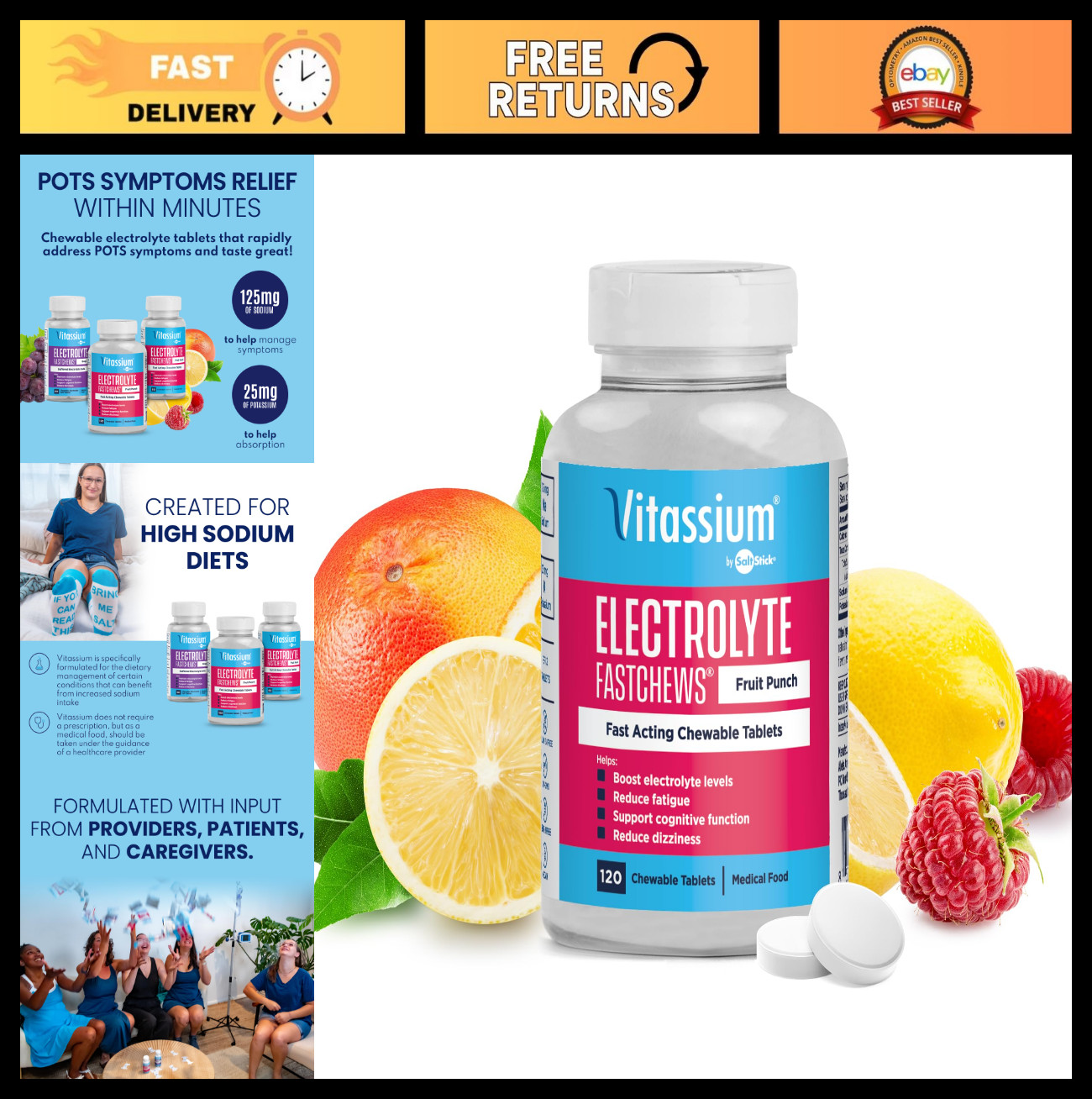 Chewable Electrolyte Tablets for POTS & High Sodium Diets – Fast-Acting, 120 Cou
