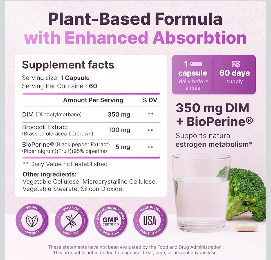 Phytochoice DIM (Diindolylmethane) 350mg w/ Bioperine & Brocolli Extract 60 Days
