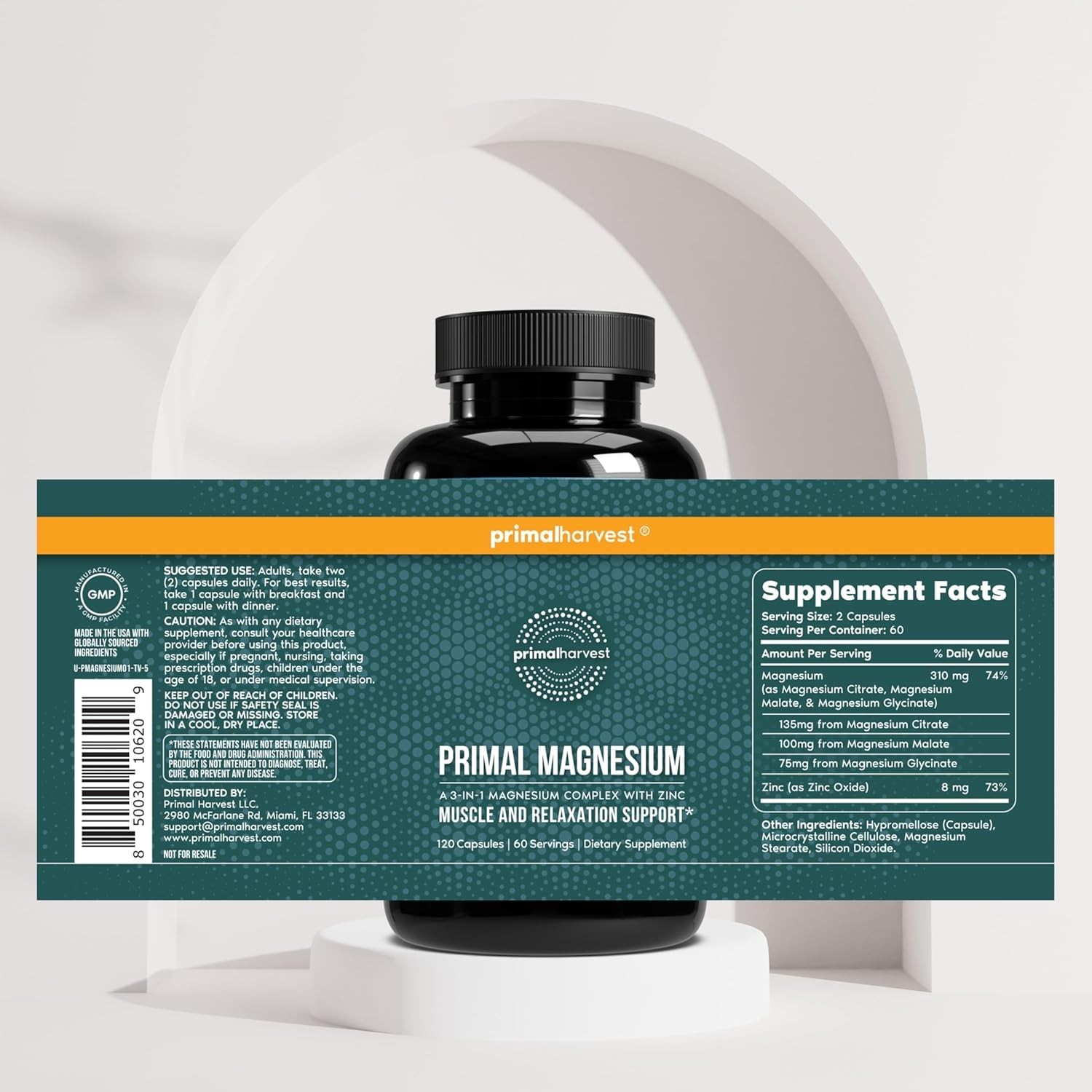 Primal Harvest Magnesium Complex 310mg 120 Capsules with Zinc 3 Types