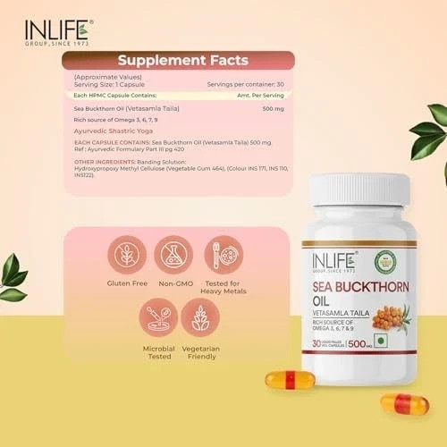 INLIFE Sea Buckthorn Oil 500mg 30 Liquid Filled Veg Capsules Pack of 1 Omega FS