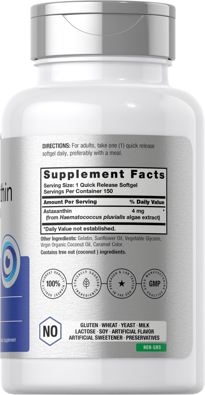 Astaxanthin 4mg 150 Softgels | with Coconut Oil | from Microalgae | by Horbaach