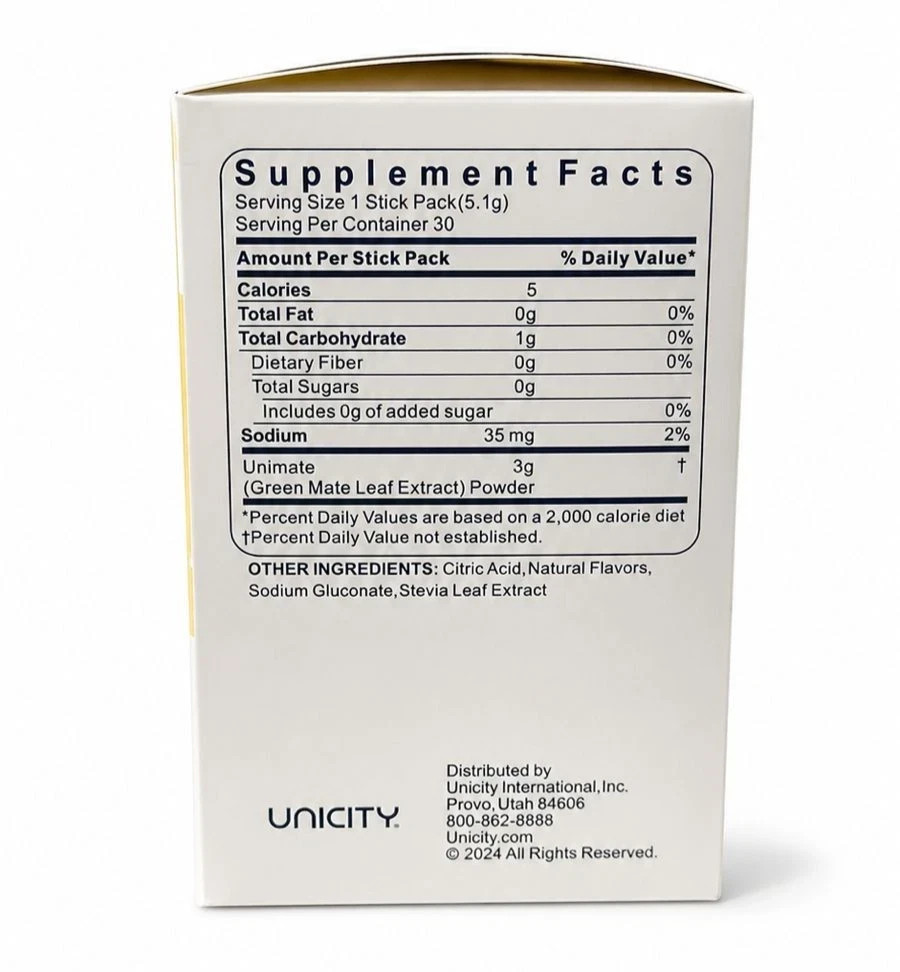 Unicity Unimate Lemon Drink Mix 30 Sachets–Energy & Metabolism Support ( Natural