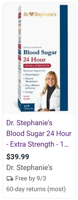 Dr. Stephanie’s Blood Sugar 24 Hour Extra Strength A1C, 90 Capsules – Exp 3/2027