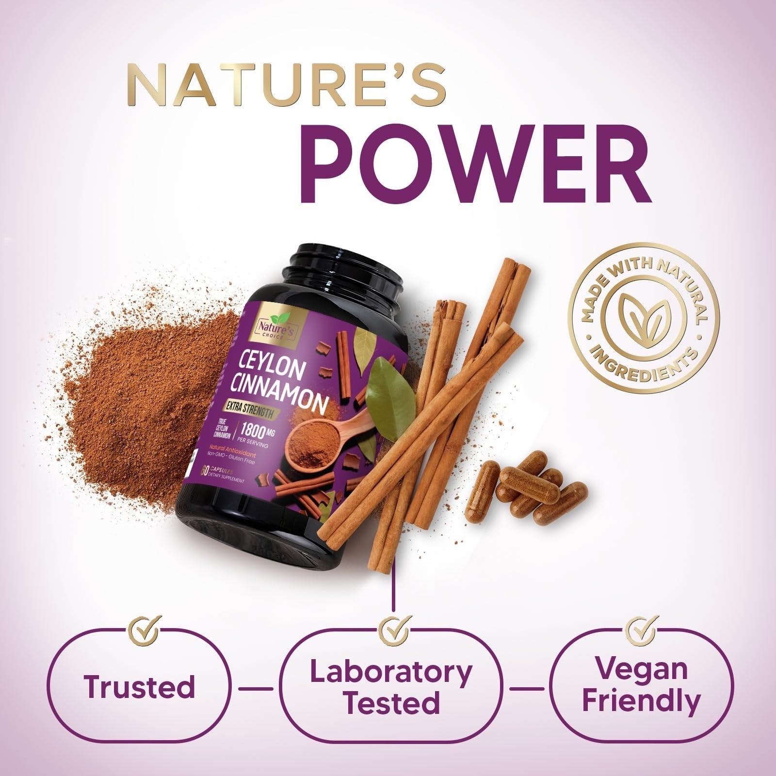 Nature’s Choice Ceylon Cinnamon Capsules – 100% Organic – 60 Count