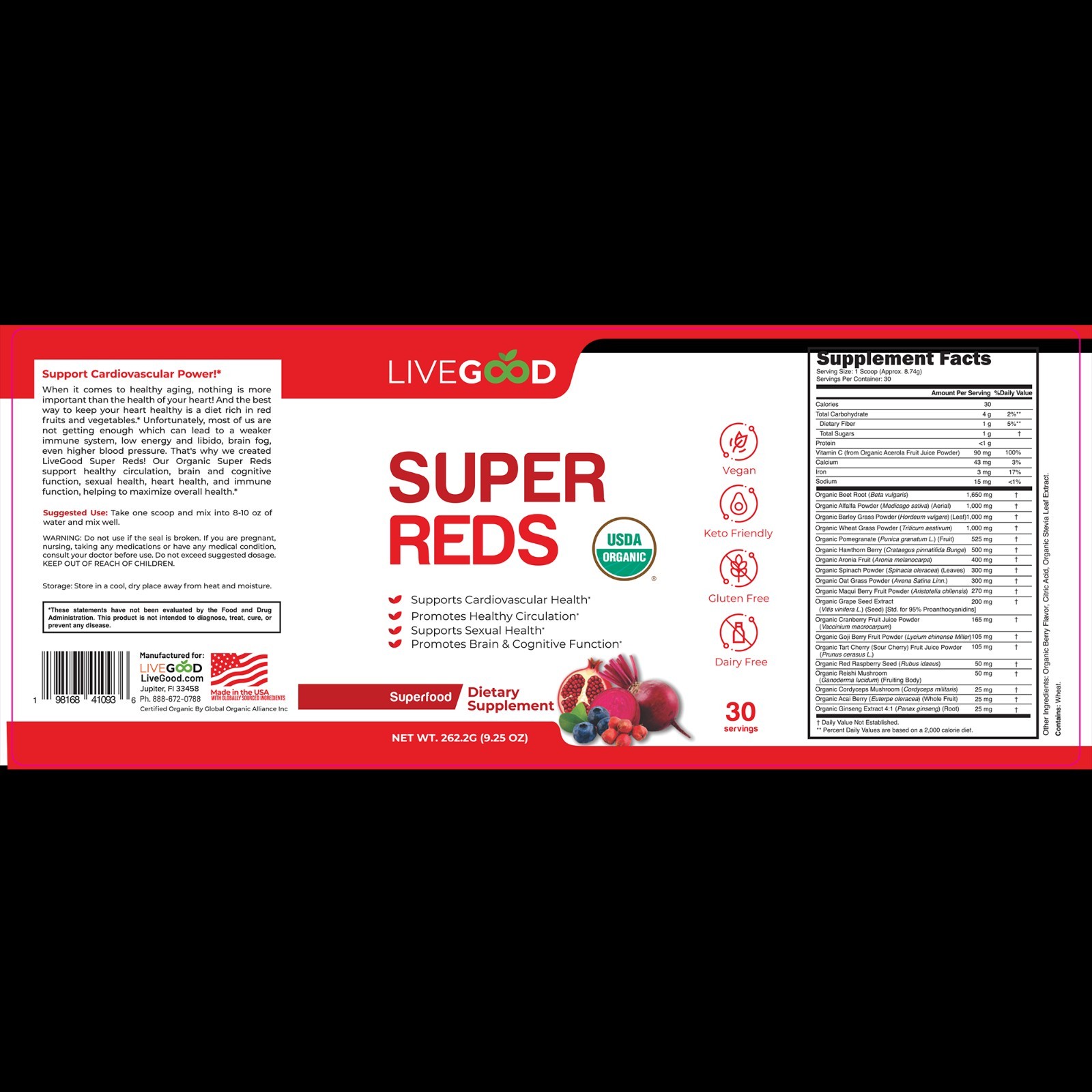 LIVE GOOD Organic Super Reds Gluten Free Keto Friendly Soy Free – 100% Vegan