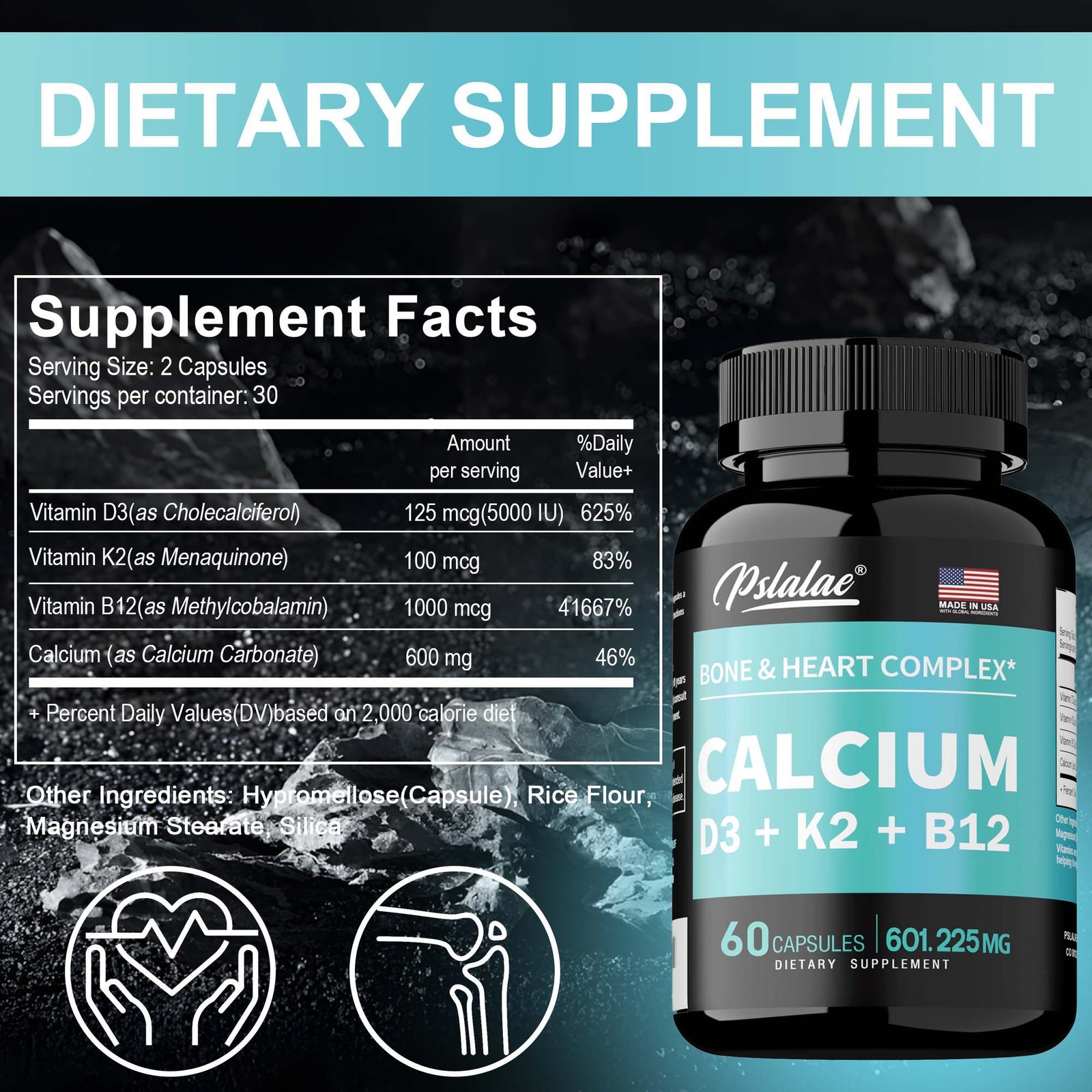 Calcium Capsules – with Vitamin D3, K2, B12, Immune, Bone, Muscle, Heart Health