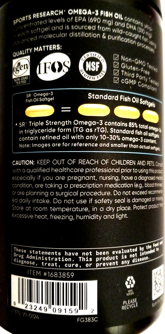 Sports Research Triple Strength Omega-3 Fish Oil 150 Softgels EXP 04/2027