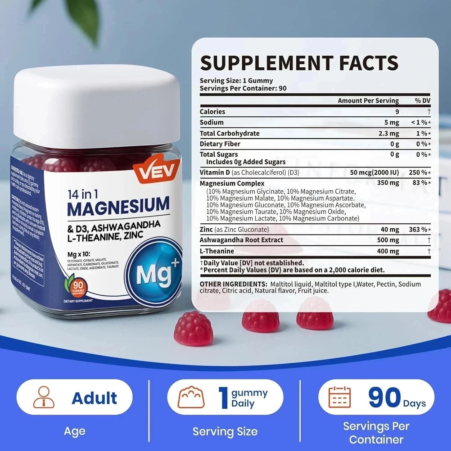 2-Pack VEV 14-in-1 Magnesium Gummies – 10 Mg Types + D3, Ashwagandha – 90 Ct