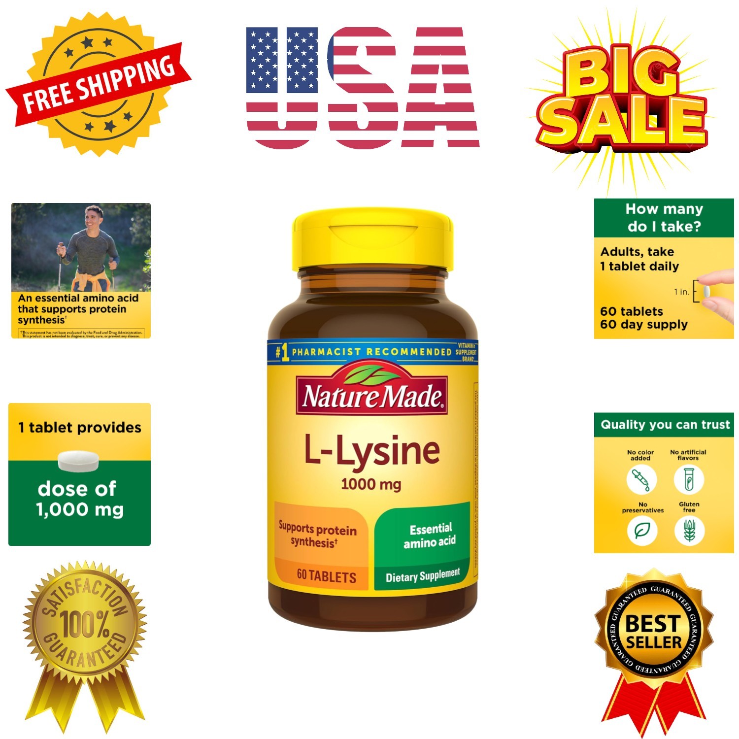 L-Lysine 1000 mg, Dietary L-Lysine Supplements, 60 Tablets, 60 Day Supply