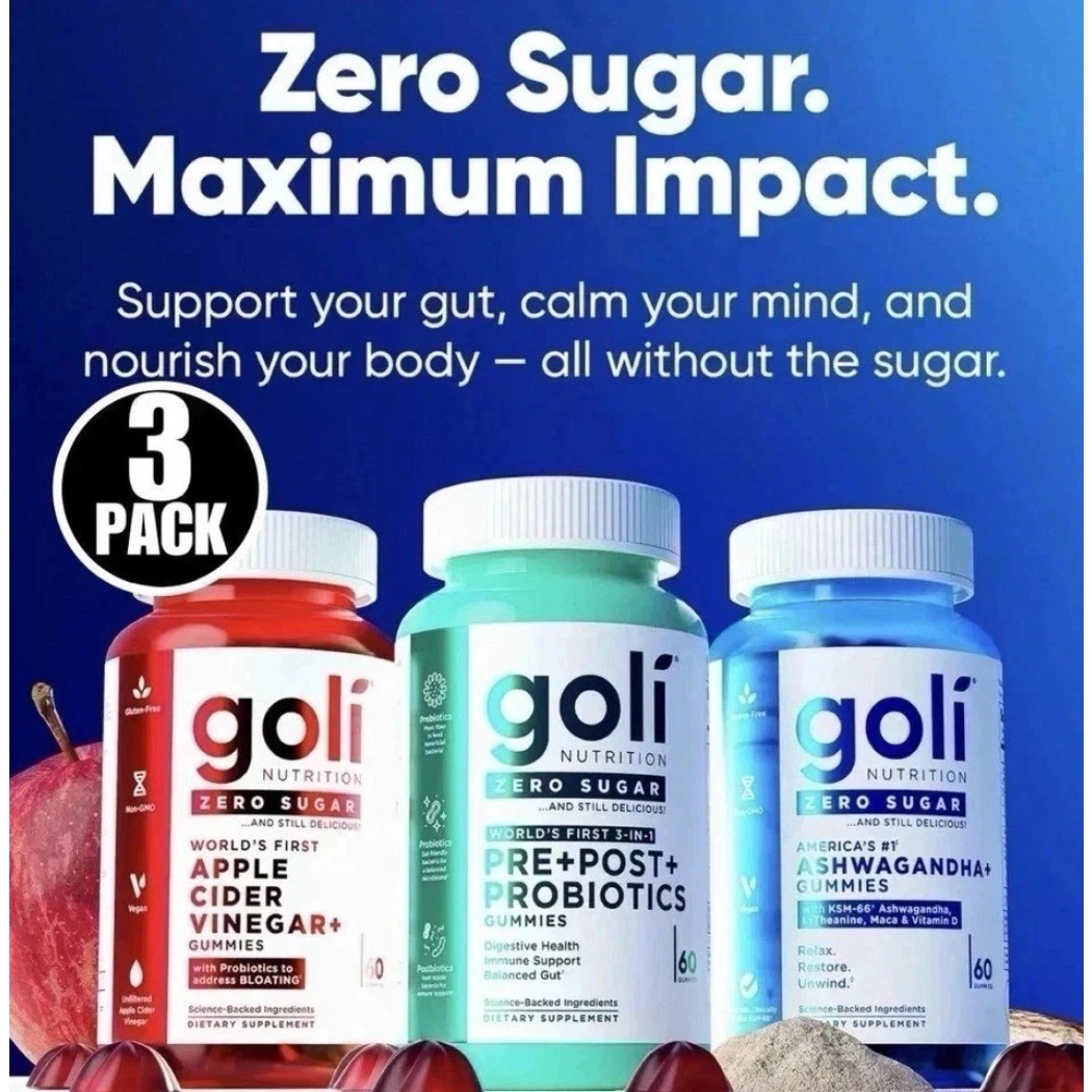 3 Bottles Goli Zero Sugar Best Seller Trio Set Gummies, 60 Counts Per Bottle NEW