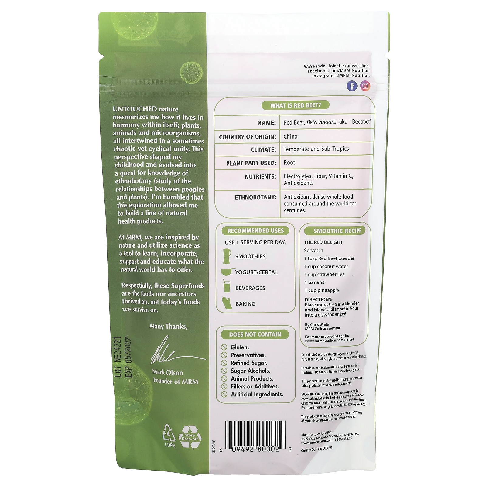 MRM Organic Red Beet Powder 8 5 oz 240 g EcoFriendly, Gluten-Free, Non-GMO,