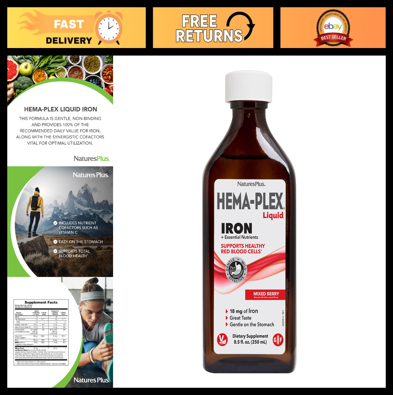 Liquid Iron Supplement – Hema-Plex, Mixed Berry Flavor – Vegan, Gluten-Free, 25