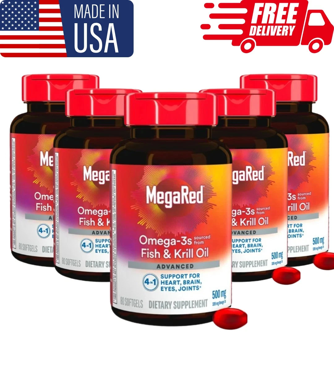 pack of 5 MegaRed Advanced Omega-3 500mg – 80 Softgels – Heart & Joint Support