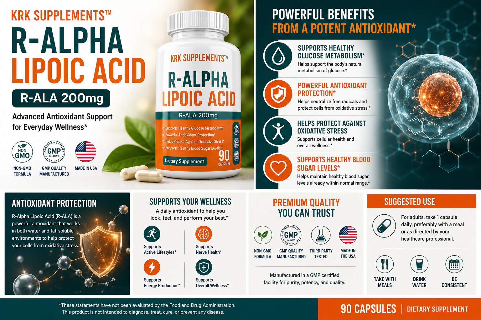 1 R-ALA Alpha Lipoic Acid 200mg Antioxidant Blood Sugar Formula Glucose Support