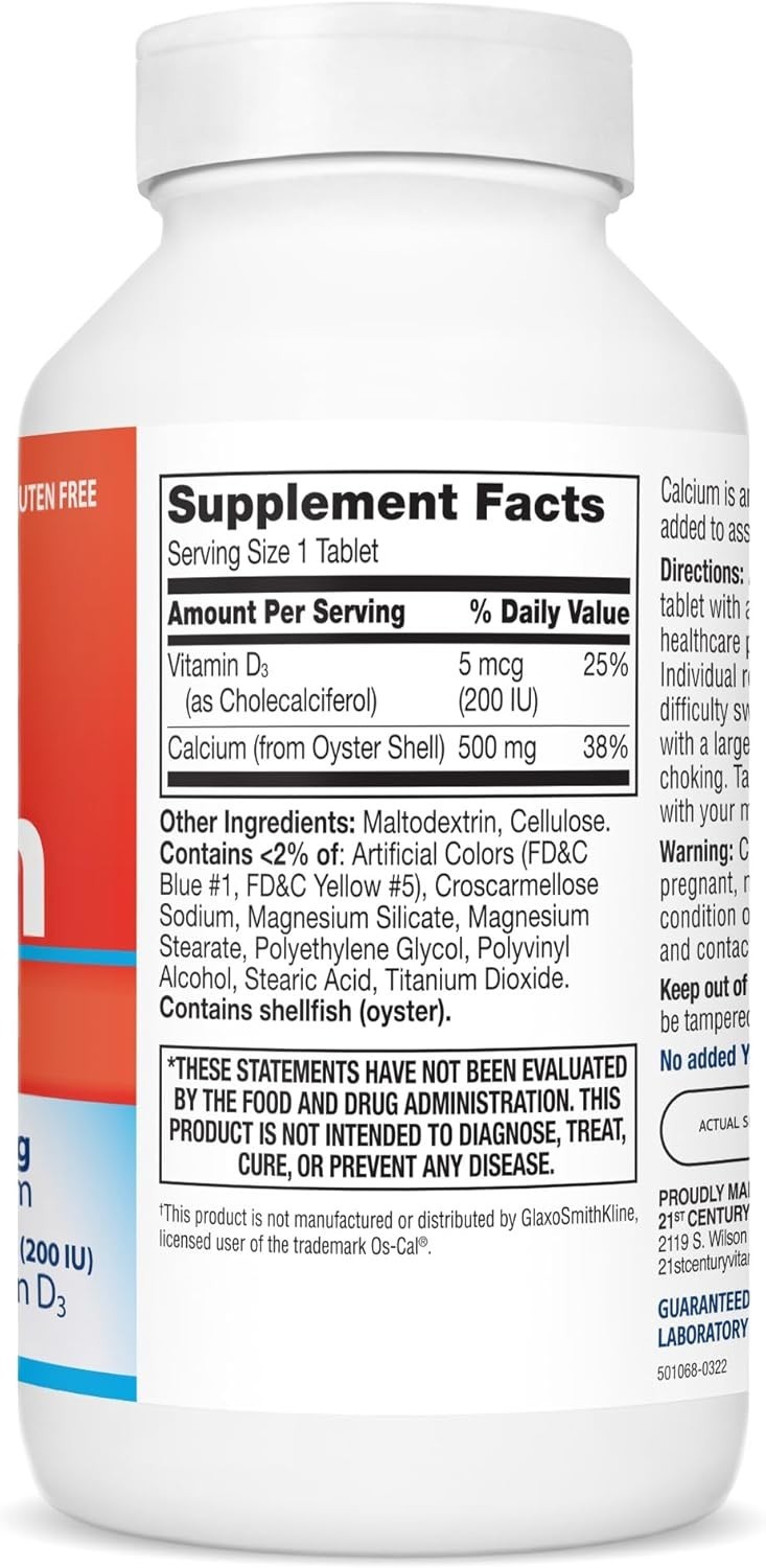 500 mg Calcium with Vitamin D3 – 400 Gluten-Free Tablets for Bone Strength