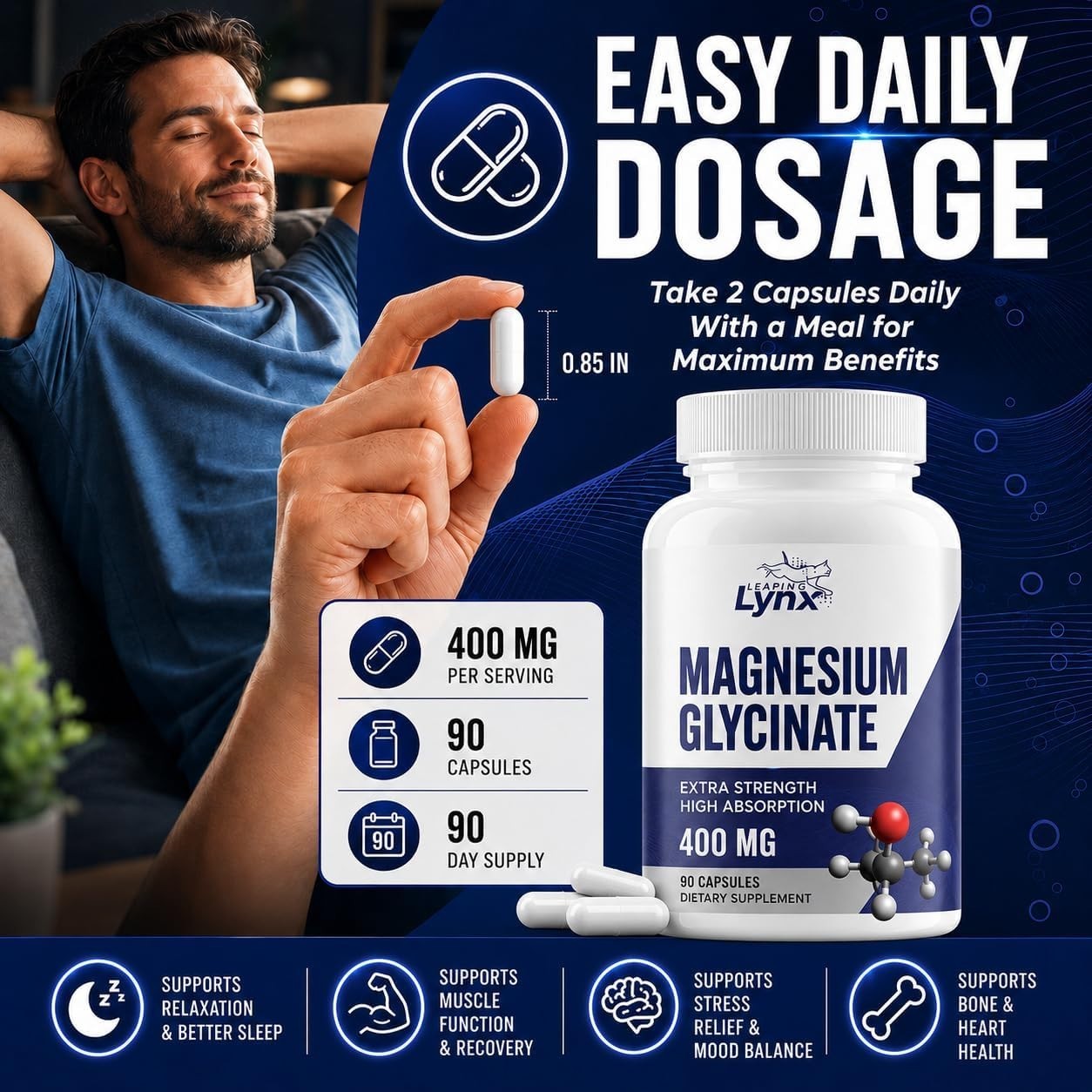 Magnesium Glycinate 400mg – High Absorption, Extra Strength Chelated Magnesium |