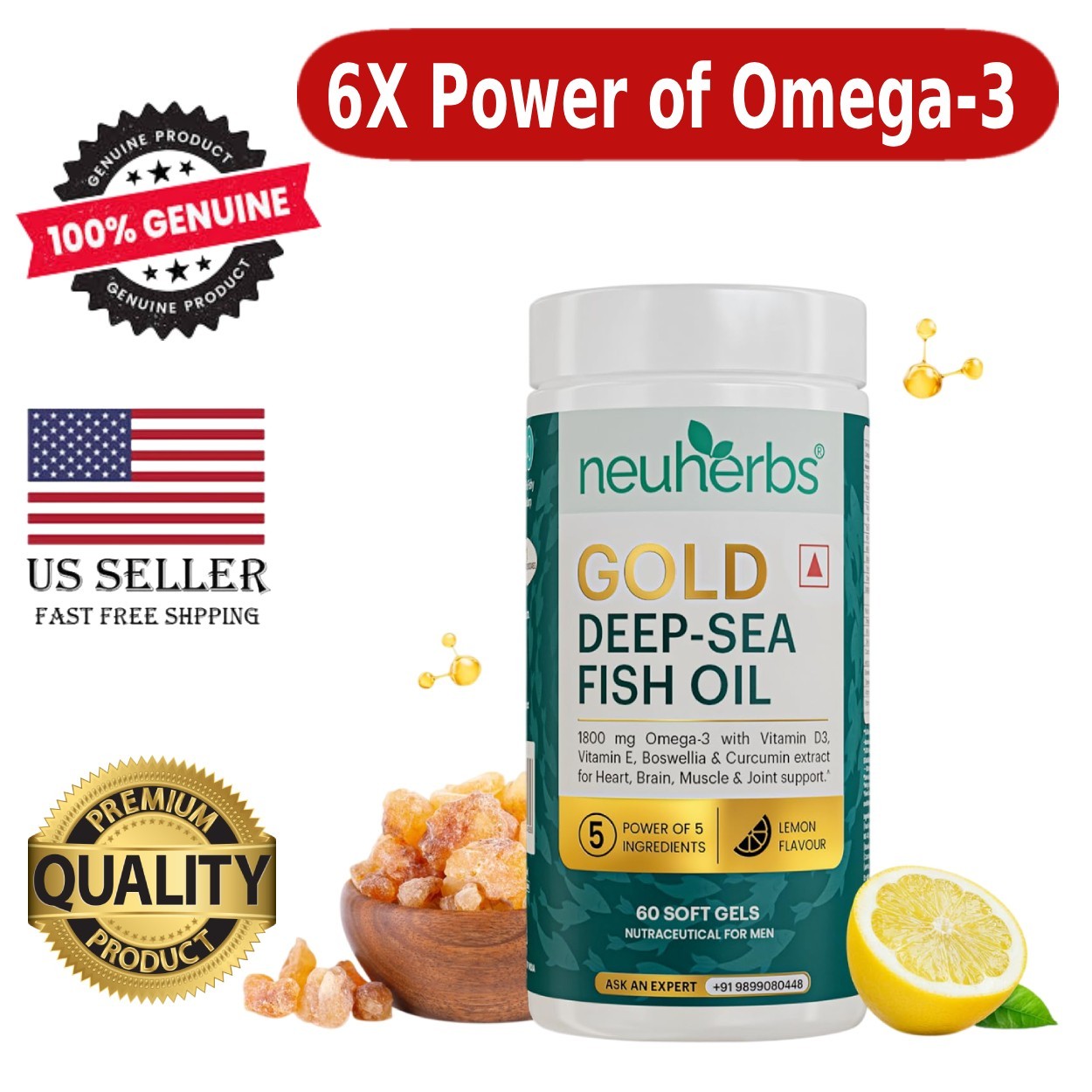 Neuherbs 6X Omega 3 Fish Oil 60 Softgels EPA DHA Vitamin D3 E No Burps