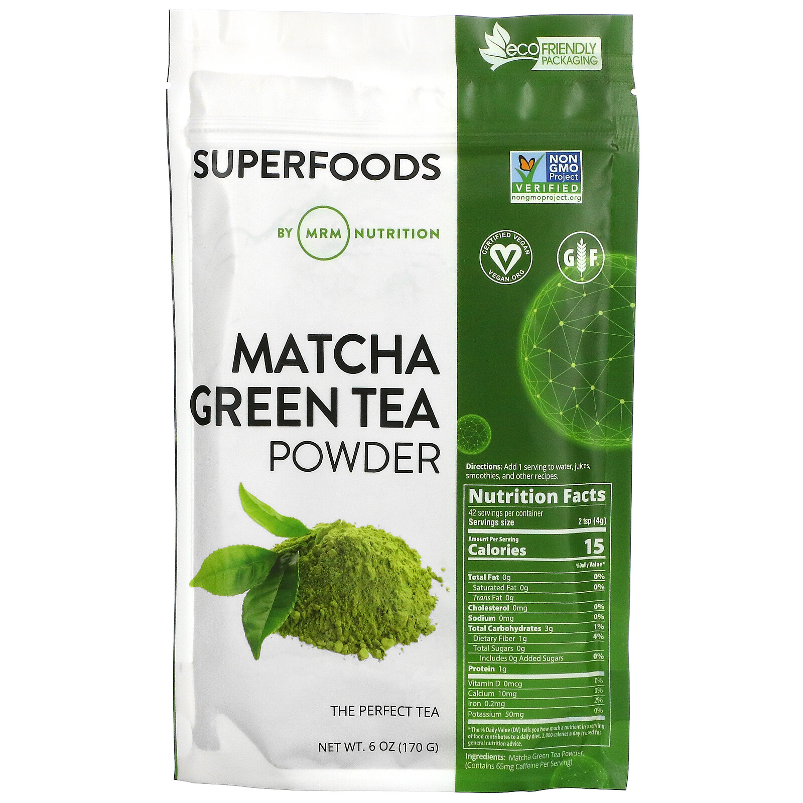 MRM Raw Matcha Green Tea Powder 6 oz 170 g EcoFriendly, Gluten-Free, GMP Quality
