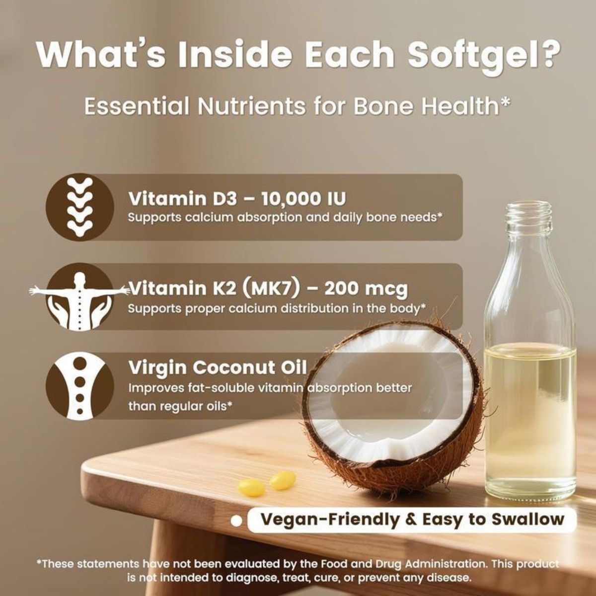 NEW VEV 2-in-1 Vitamin D3 + K2 Supplement with Virgin Coconut Oil