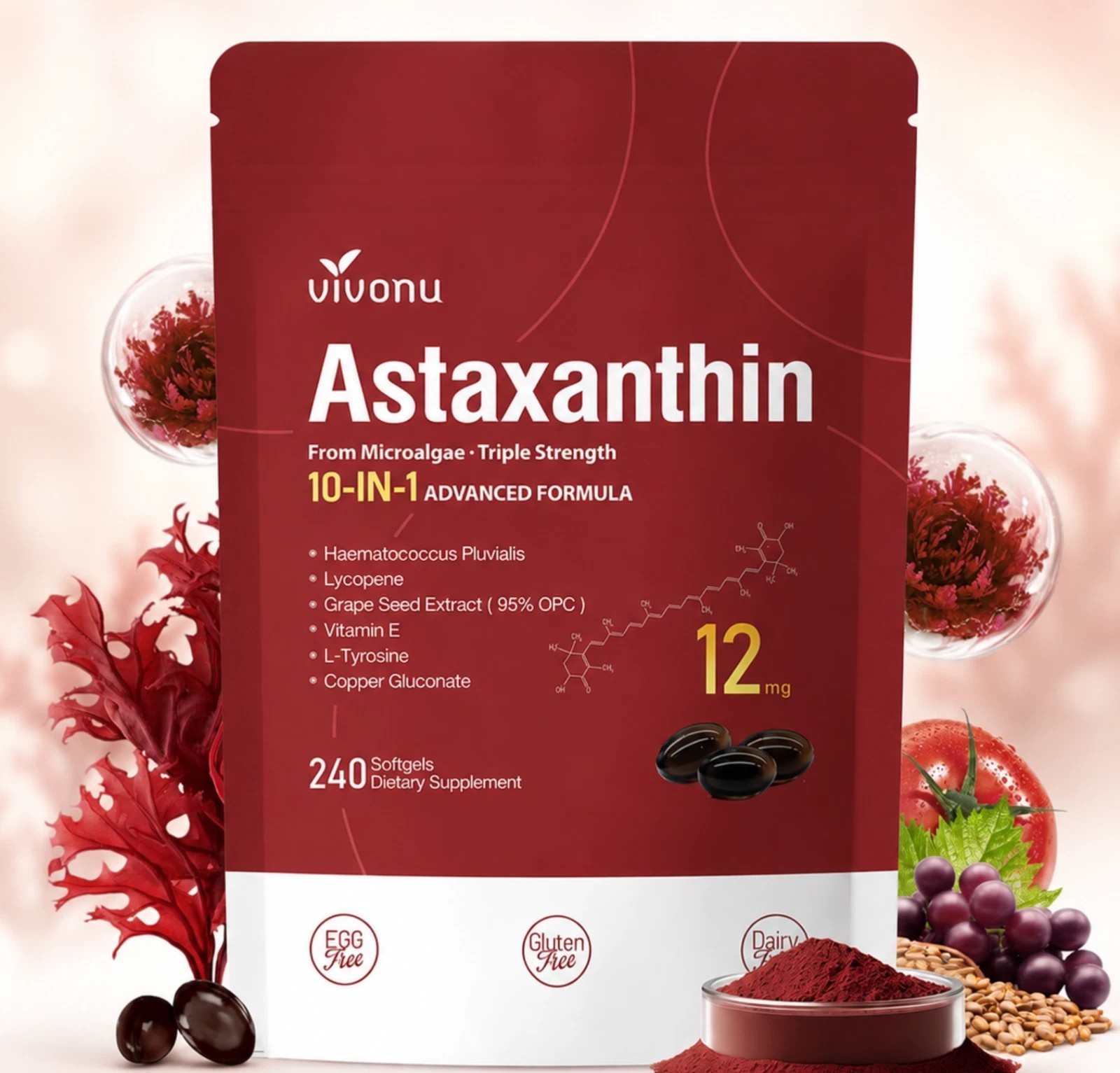 Astaxanthin 12mg 240 Softgels, 4 Month Supply,Triple Strength,Non-GMO,Eye Health