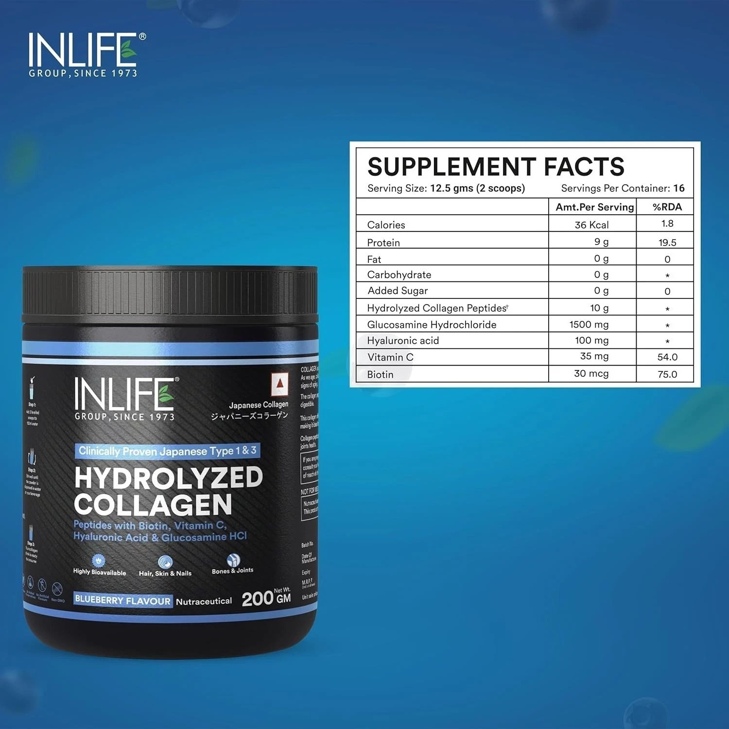 INLIFE Japanese Collagen Powder Biotin & Hyaluronic Acid (Blueberry, 200g) i068