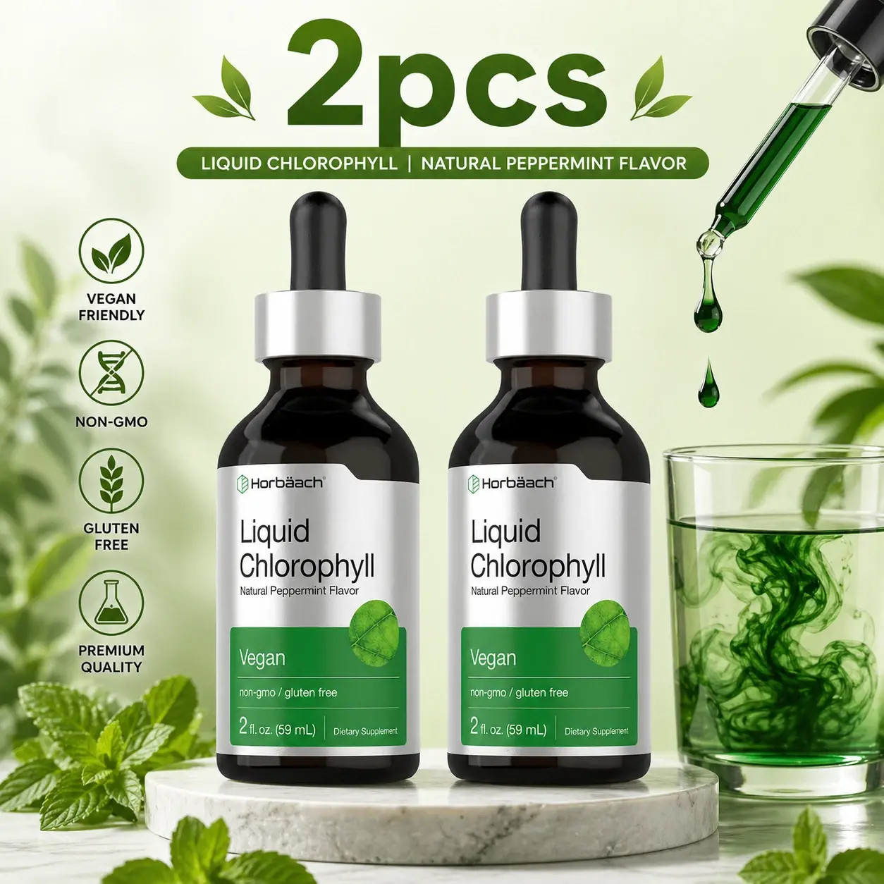 2 BOTTLES-Liquid Chlorophyll Drops Non-GMO, Natural Peppermint Flavor-Horbaach