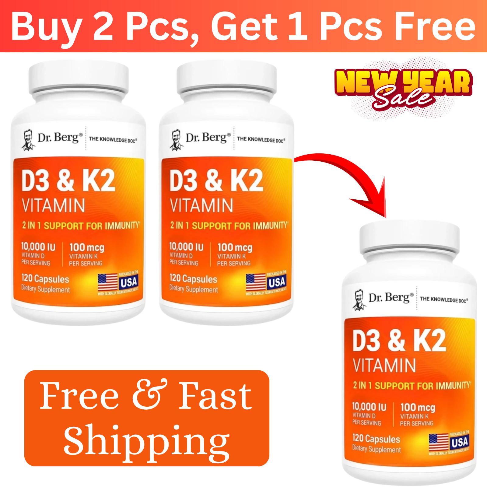 (3 Pack) Dr. Berg’s Nutritionals 100mg Vitamin D3 & K2 Supplement – 120 Capsules