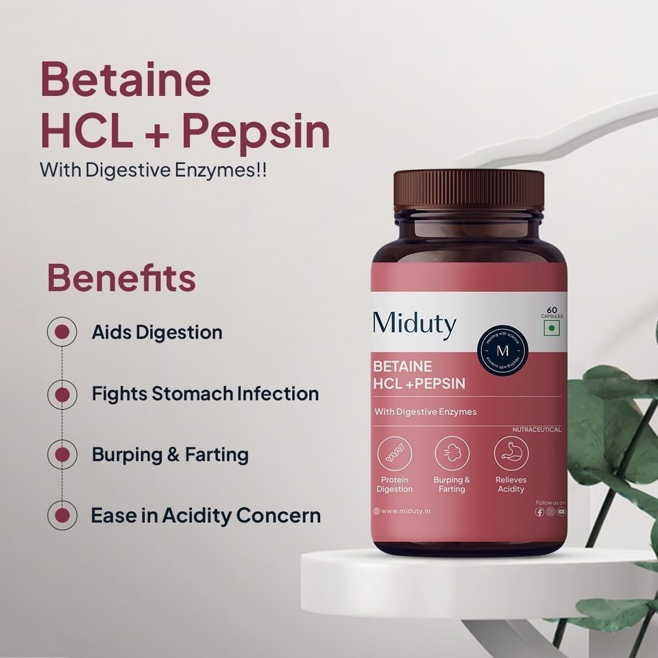 Miduty Betaine HCL+Pepsin for Digestion,Acidity,Indigestion Supplement 60capsuls